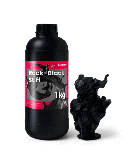 Phrozen Engineering Rigid Rock-Black Stiff Resin 1kg bottle beside a black 3D printed bust