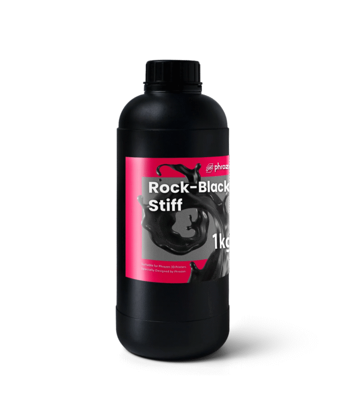 Phrozen Engineering Rigid Rock-Black Stiff Resin 1kg bottle, three-quarter view