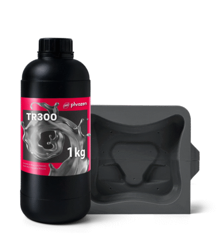 Phrozen TR300 Ultra-High Temp 3D Printer Resin 1Kg bottle beside a printed mold