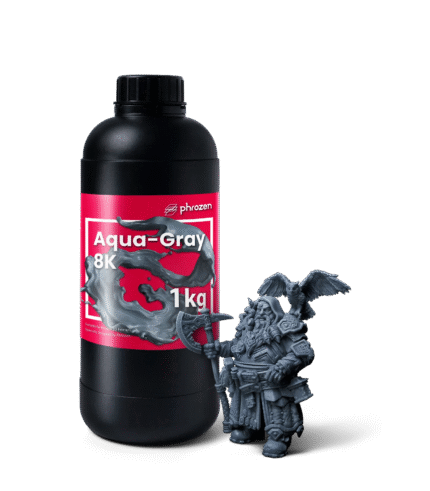 Phrozen Aqua 8K 3D Printer Resin 1Kg - Aqua Gray 8K 1 kg bottle with printed dwarf miniature