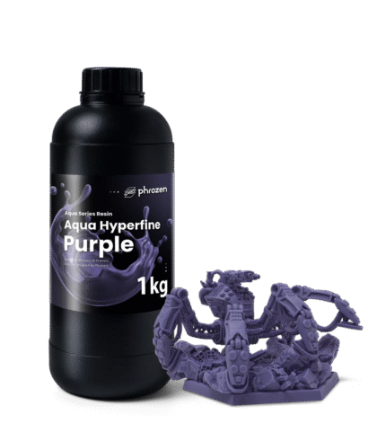 Phrozen Aqua Hyperfine 3D Printing Resin 1 kg - Purple 1 kg bottle with printed miniature