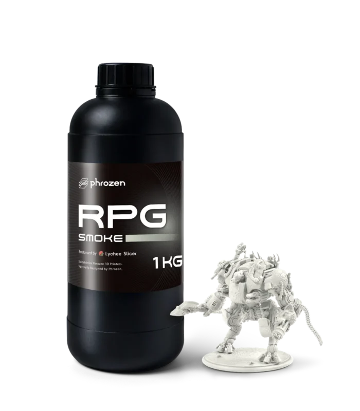 Phrozen High-Resolution RPG Resin - Smoke 1 kg bottle with printed mech miniature