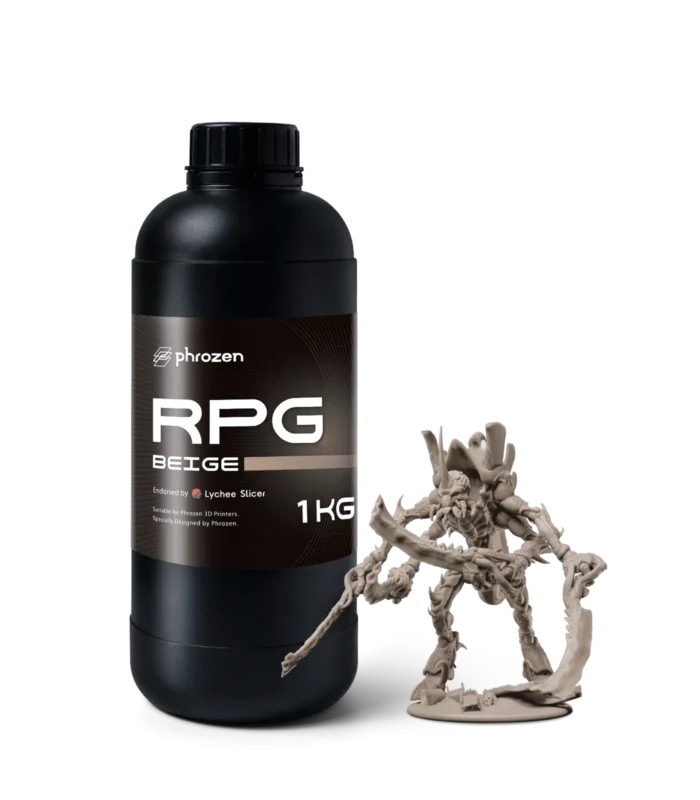 Phrozen High-Resolution RPG Resin - Beige 1 kg bottle with printed creature miniature