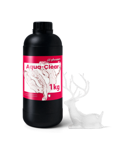 Phrozen Aqua-Clear Resin 1 kg bottle beside a transparent 3D printed deer