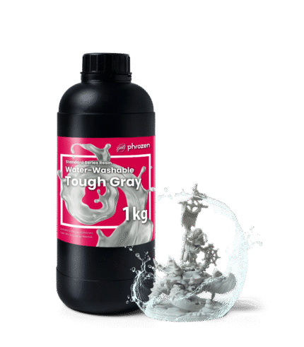 Phrozen Water-Washable Tough Resin Gray 1kg bottle with splash and printed miniature