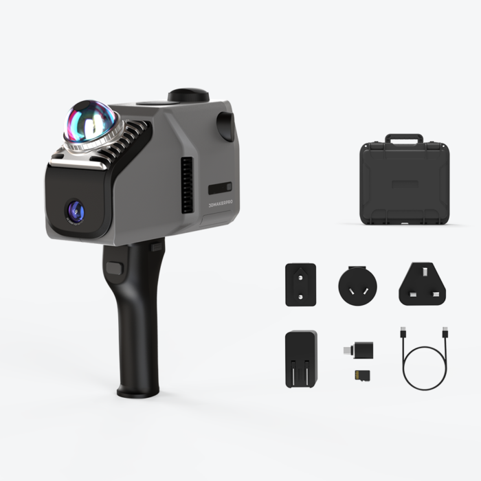 3DMakerpro Eagle Standard LiDAR kit: single-lens scanner, handle, adapters, cables, and engineering case.