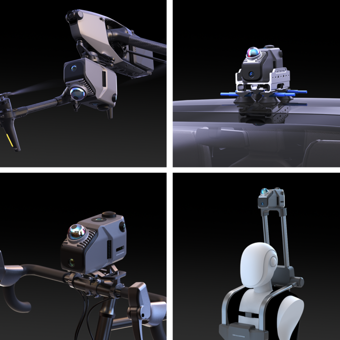Eagle LiDAR Scanner mounted on a drone, car, bike, and backpack for versatile outdoor 3D spatial data collection.