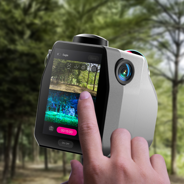 3DMakerpro Eagle LiDAR Scanner with 3.5-inch screen showing three real-time display modes: point cloud, photos, or split-screen.
