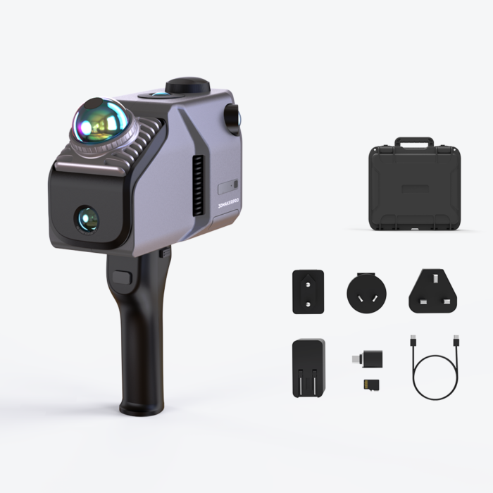 3DMakerpro Eagle Max LiDAR kit: 4-lens scanner, handle, adapters, cables, and engineering case.