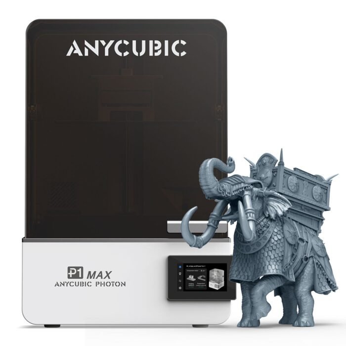 Anycubic Photon P1 Max resin printer front view beside a high-detail resin print showing 12K surface quality