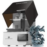 Anycubic Photon P1 resin 3D printer showing build plate and resin vat with a printed model