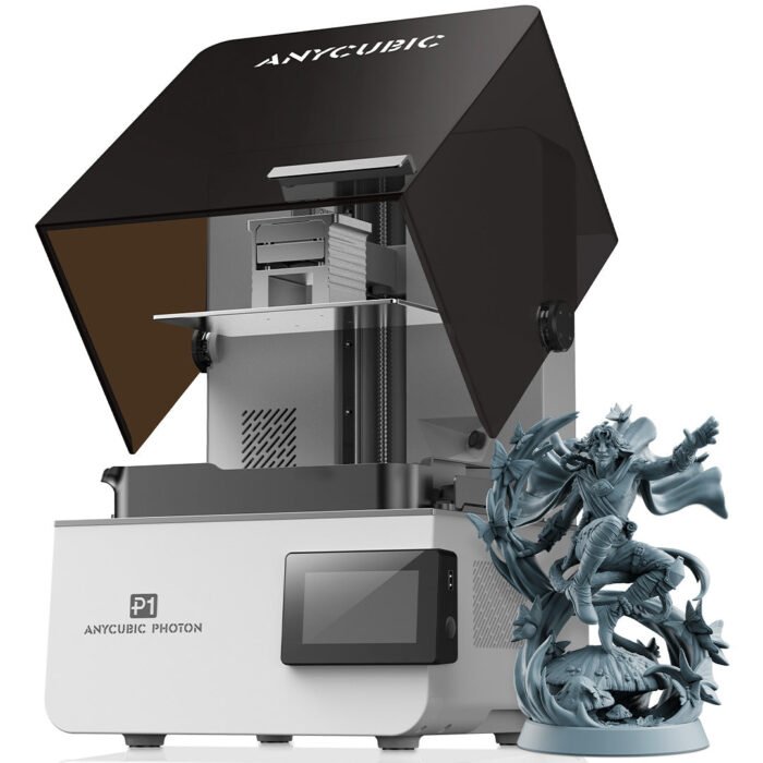 Anycubic Photon P1 resin 3D printer showing build plate and resin vat with a printed model