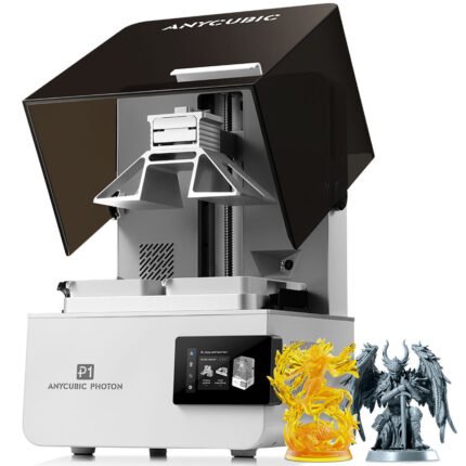 Anycubic Photon P1 resin 3D printer with open cover next to printed resin figurines