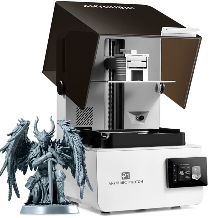 Anycubic Photon P1 resin 3D printer beside detailed printed resin miniatures