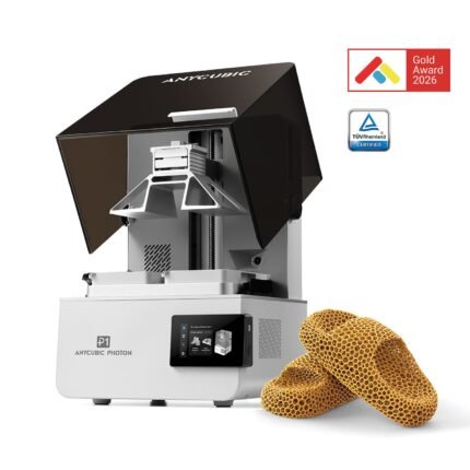 Anycubic Photon P1 resin 3D printer front view with hinged cover and printed model