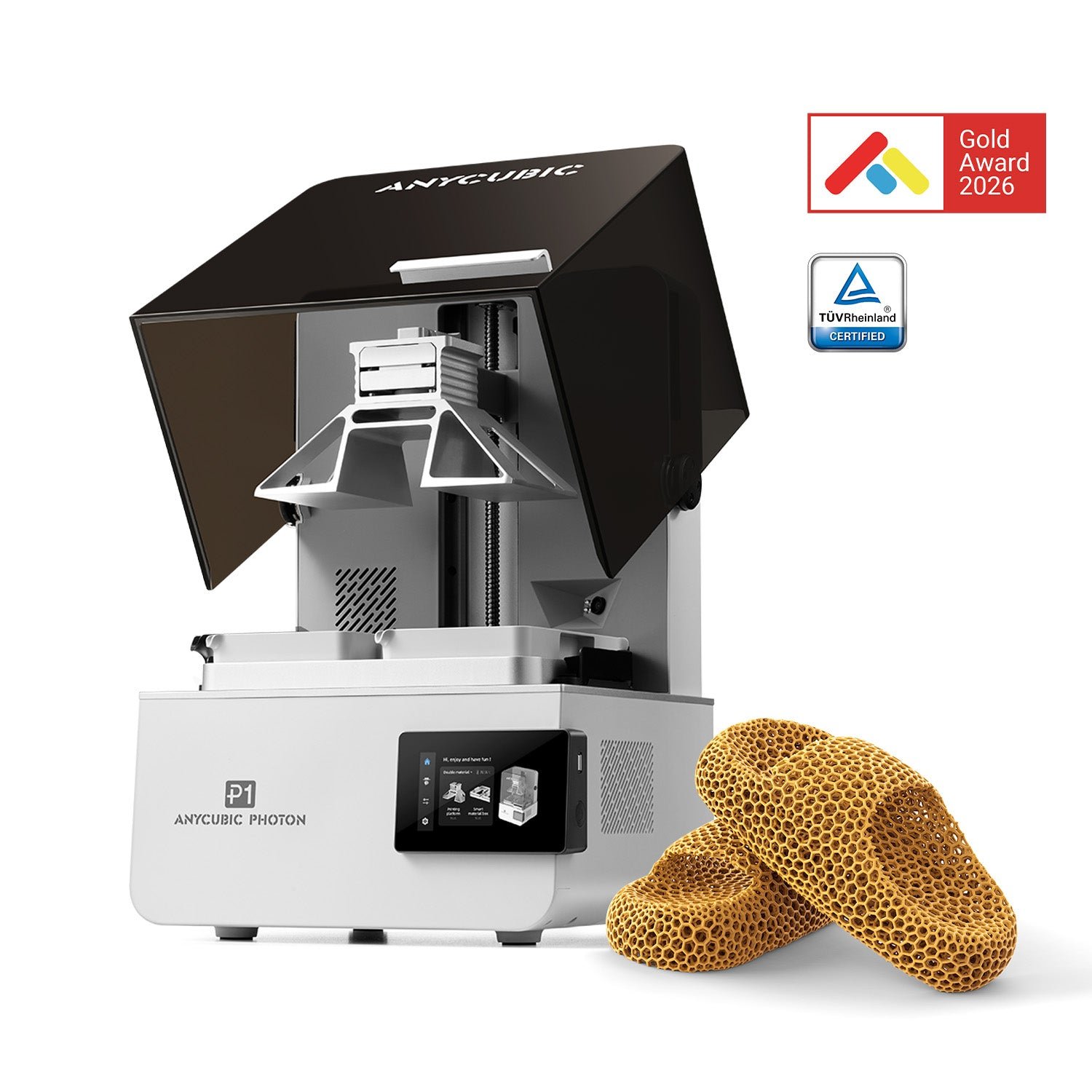Anycubic Photon P1 Resin 3D Printer front view with printed models Anycubic Photon P1 resin 3D printer front view with hinged cover and printed model