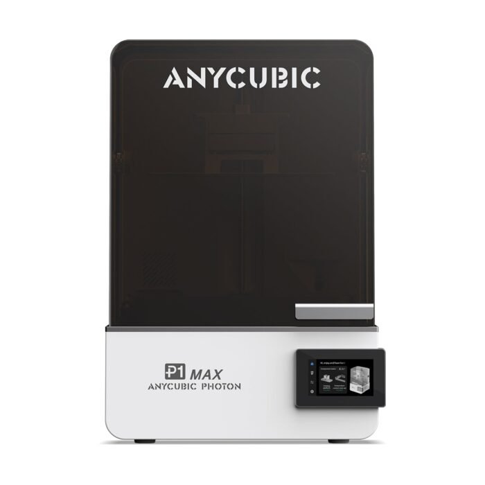 Anycubic Photon P1 Max large-format resin 3D printer front view with 4.5-inch touch screen and hinged UV-blocking cover