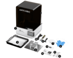 Anycubic Photon P1 Max box contents including print platform, resin vat, funnel, scrapers, hex keys and protective gloves