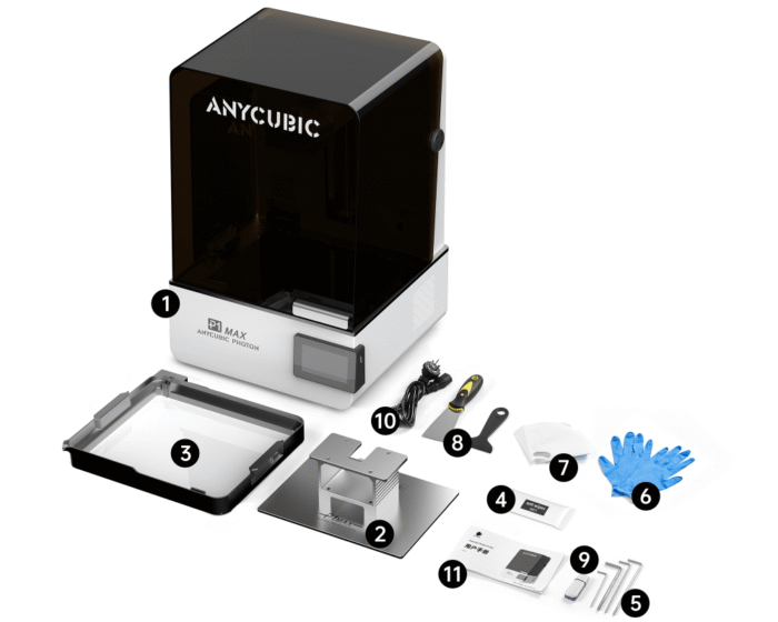 Anycubic Photon P1 Max box contents including print platform, resin vat, funnel, scrapers, hex keys and protective gloves