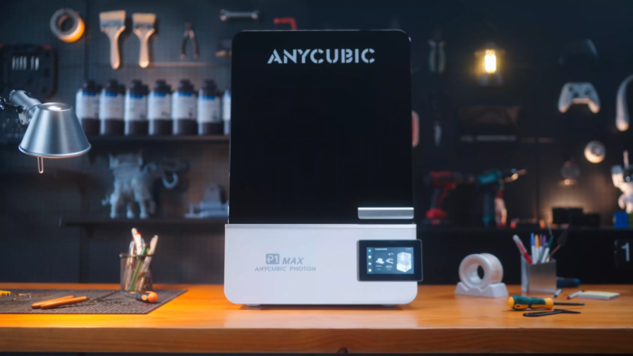 Anycubic Photon P1 Max resin 3D printer set up on a maker workshop desk