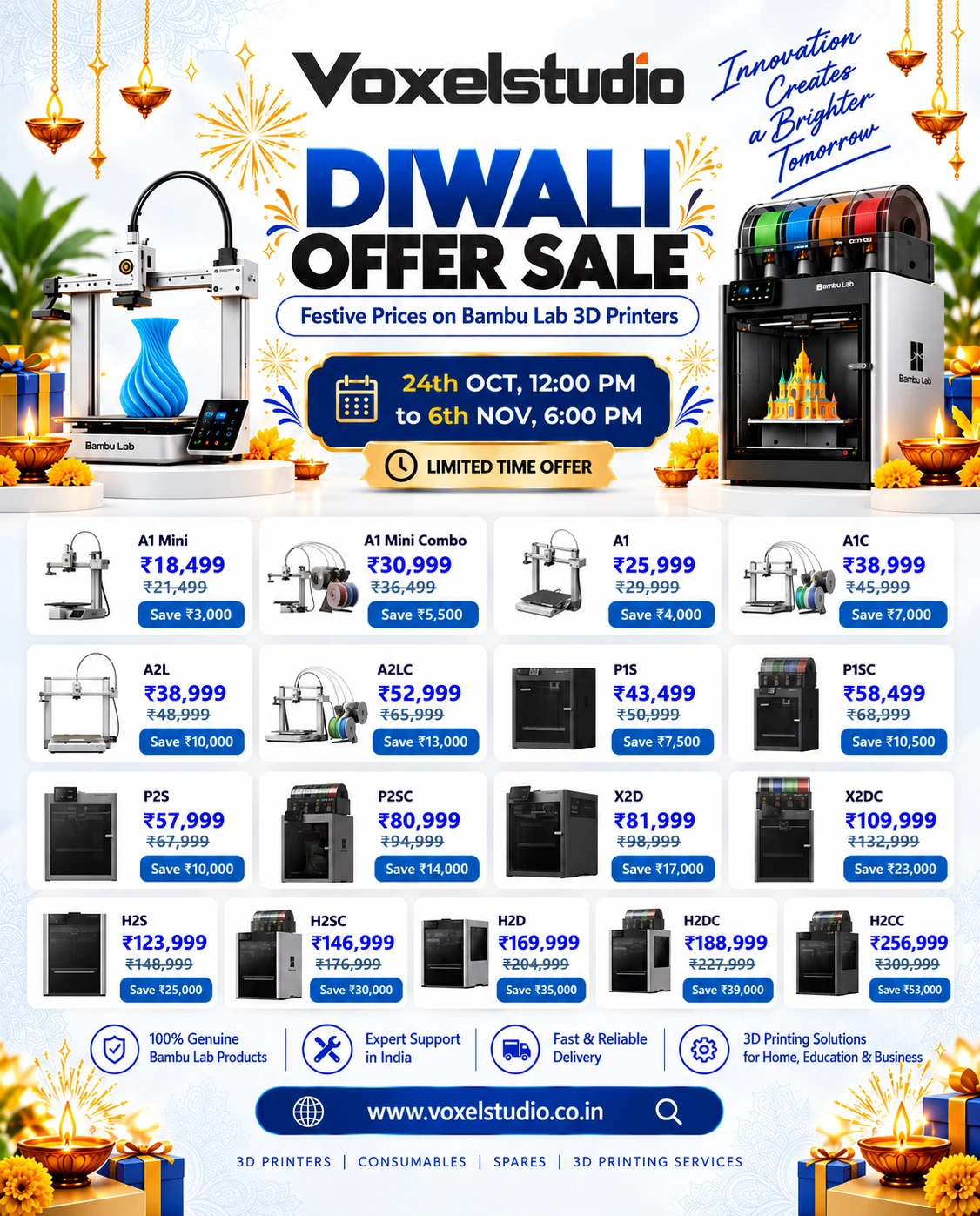 Voxelstudio Diwali Offer Sale – festive prices on Bambu Lab 3D printers (A1 Mini, A1, A2L, P1S, P2S, X2D, H2S, H2D and more)